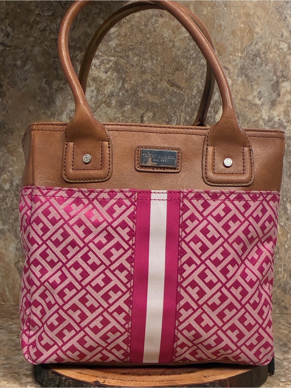 Tommy Hilfiger Pink Patterned Canvas Tote with Tan Leather Trim. EUC.